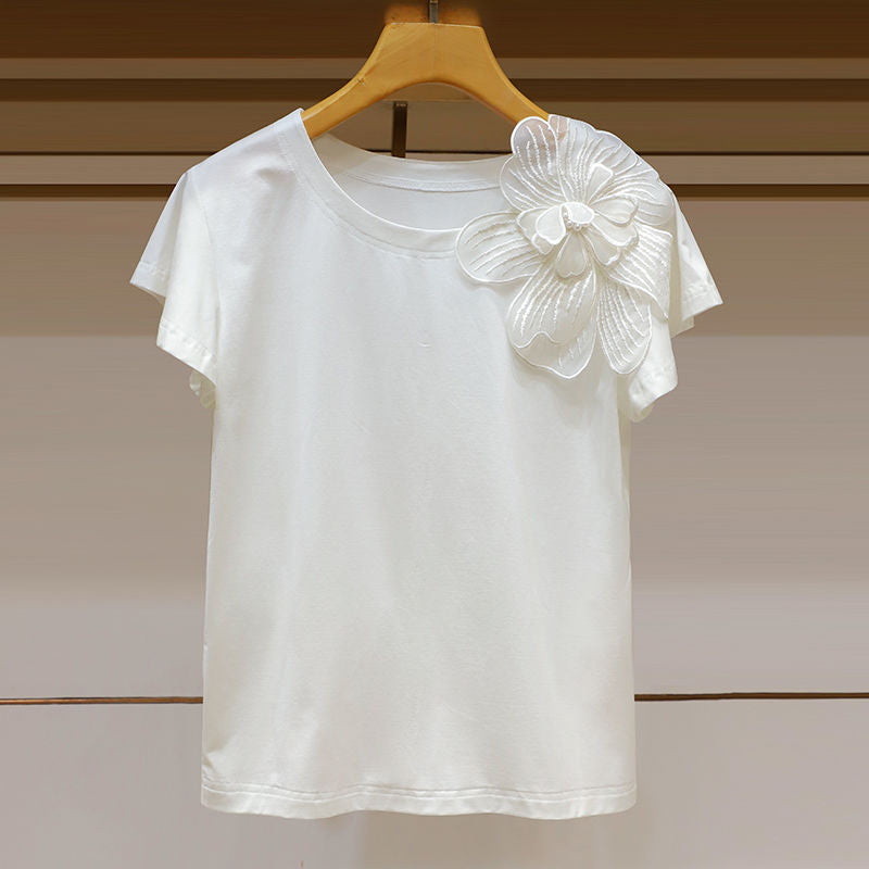 Three-dimensional Flower Decoration Loose Slim Top