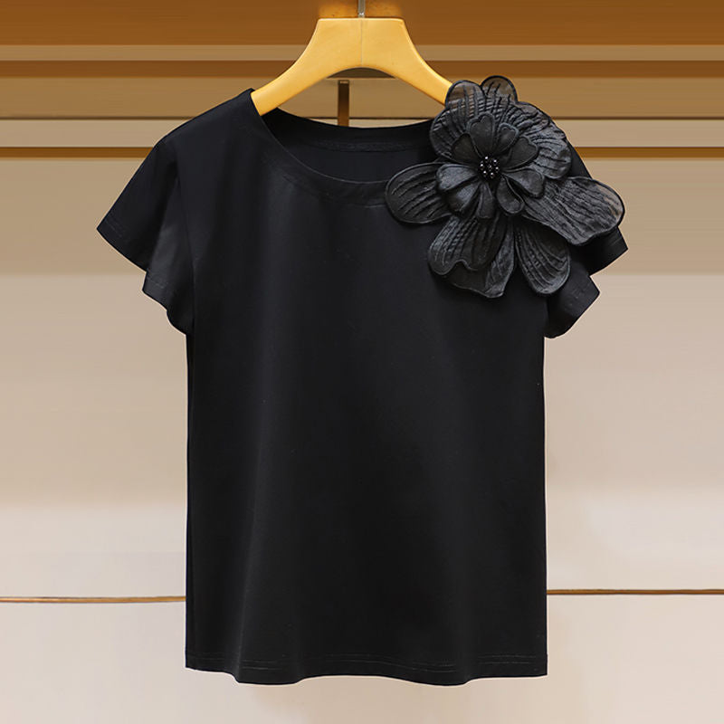 Three-dimensional Flower Decoration Loose Slim Top