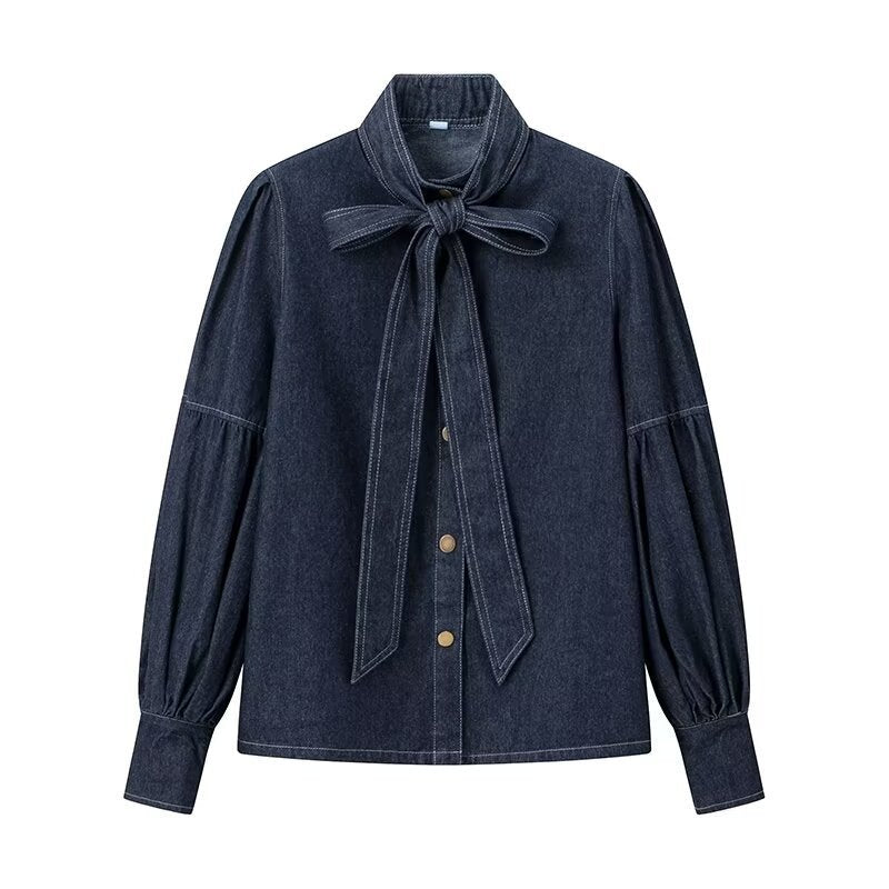 Dark Blue Casual Lace-up Bow Denim Shirt