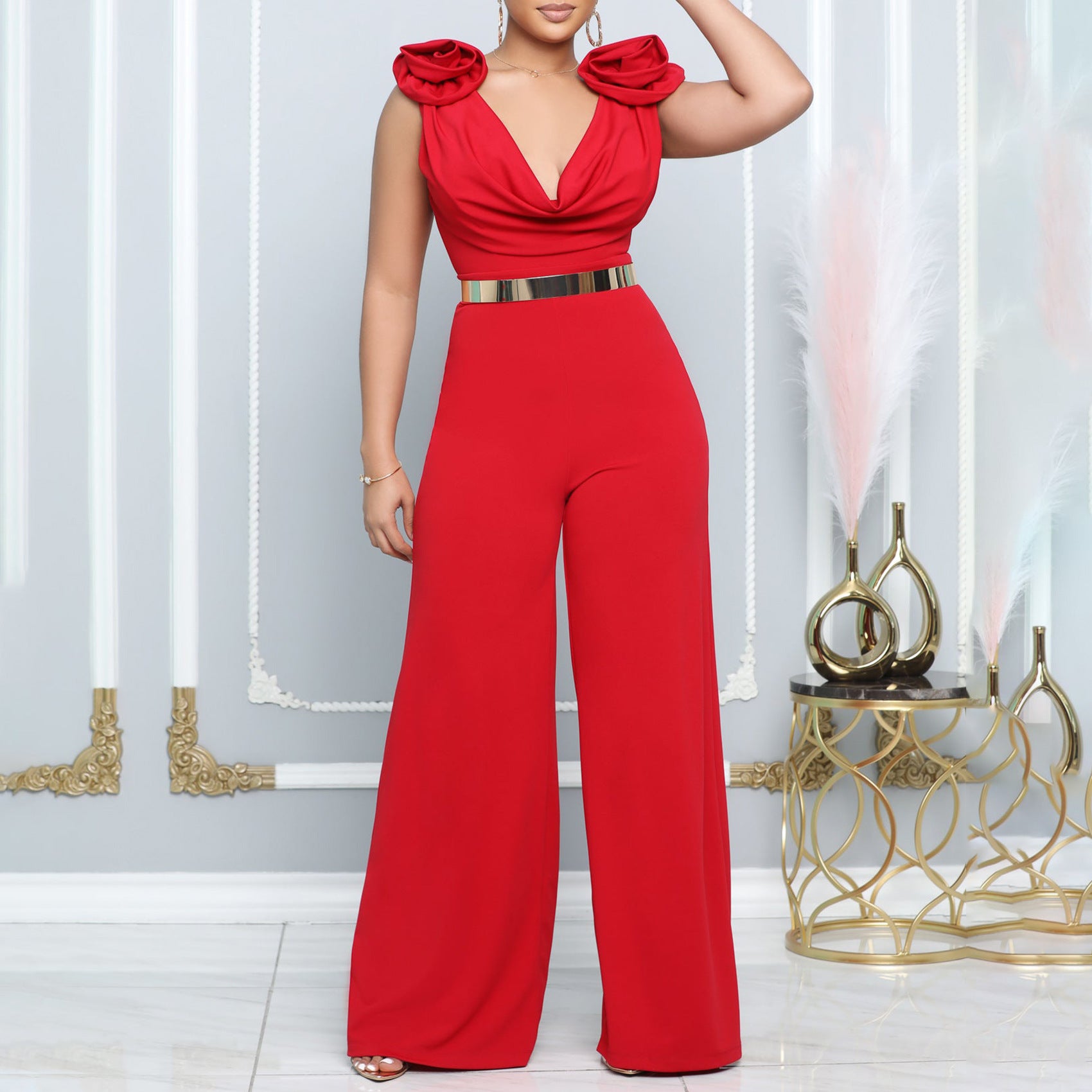 V-neck Turtleneck Sleeveless Fitted Waist Jumpsuit