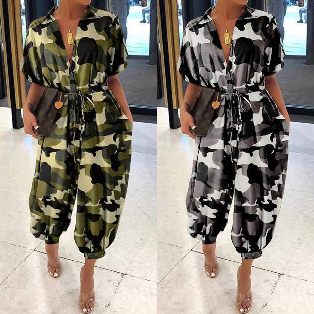 Women's Camo Short Sleeve Casual Loose Jumpsuit
