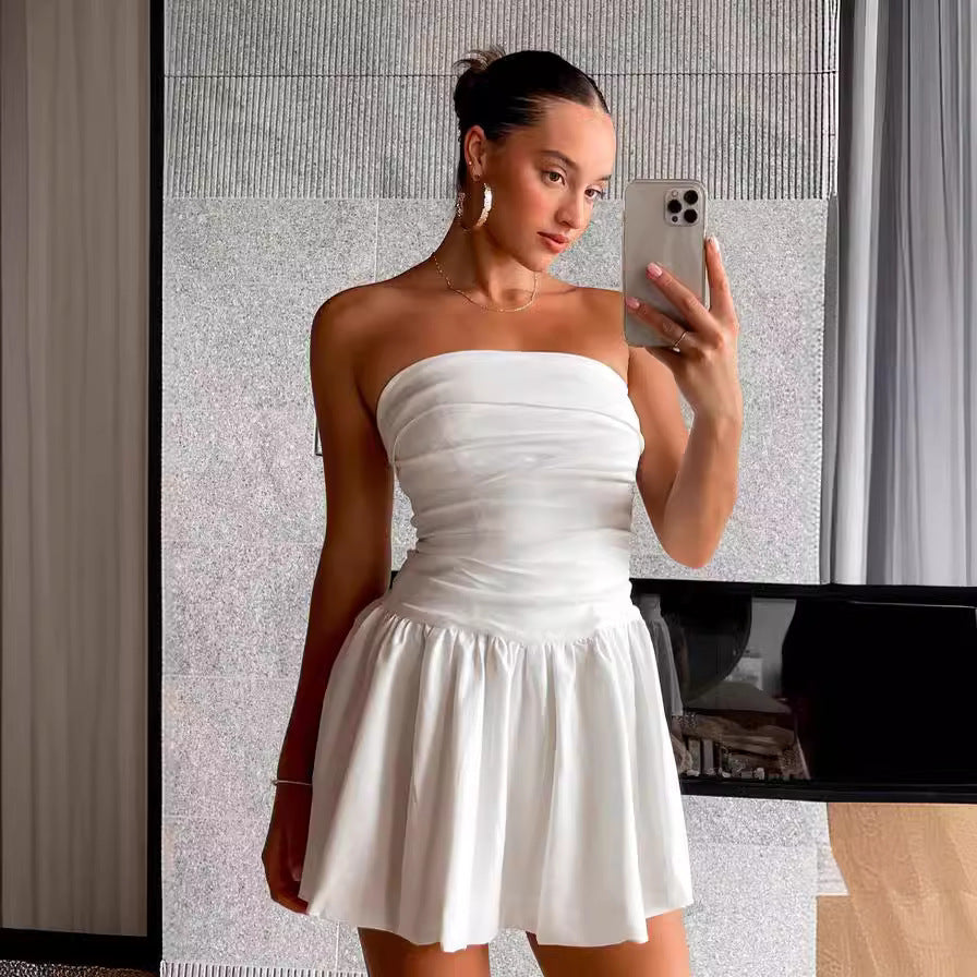Tube Top Backless Pleated Solid Color Dress