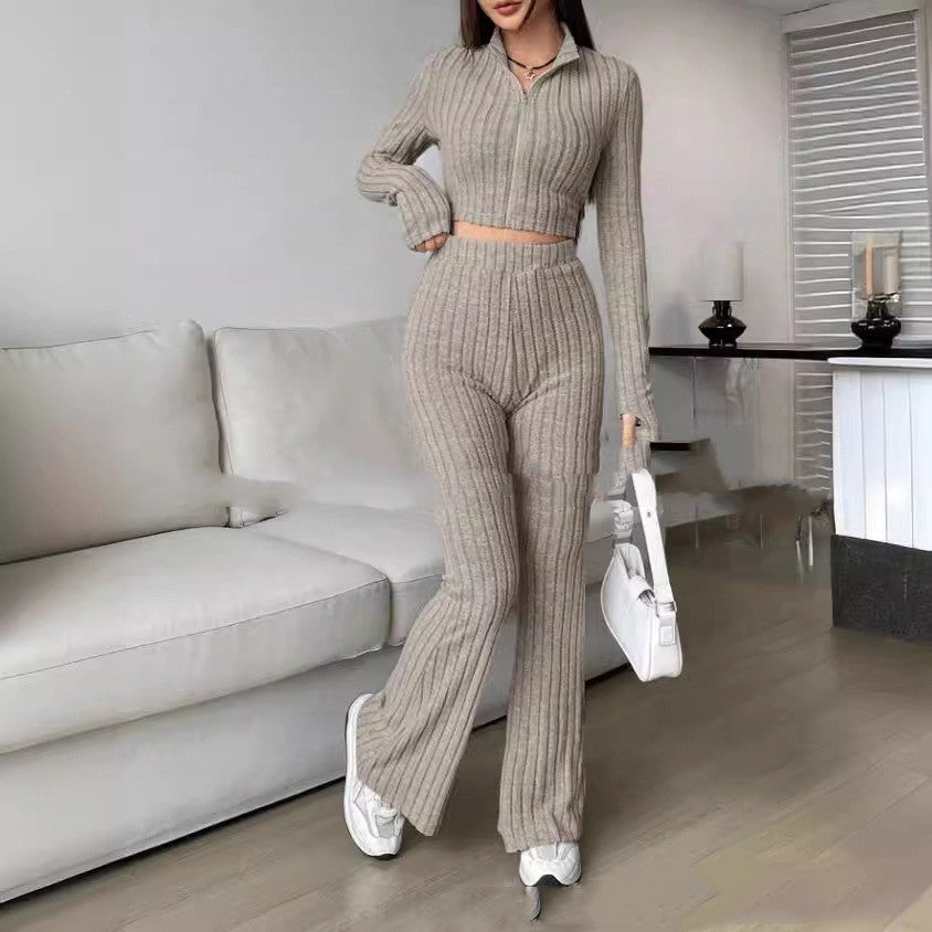 Knitted Long Sleeve Turtlenecks Wide Leg High Waist Trousers Suit