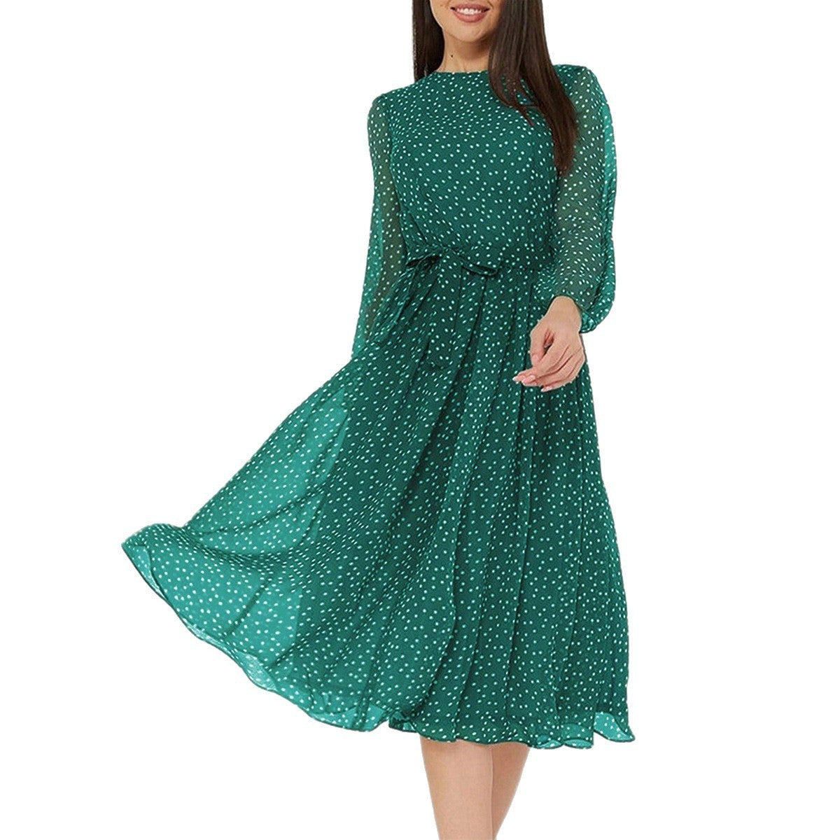 Leisure Vacation Style Polka Dot Long Sleeve Midi Dress