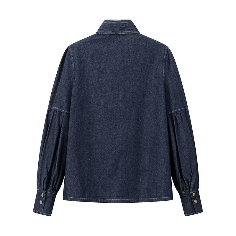 Dark Blue Casual Lace-up Bow Denim Shirt