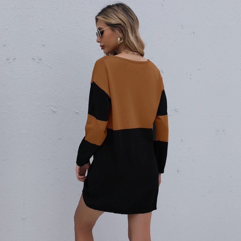 Temperament Round Neck Colorblock Sweater Dress