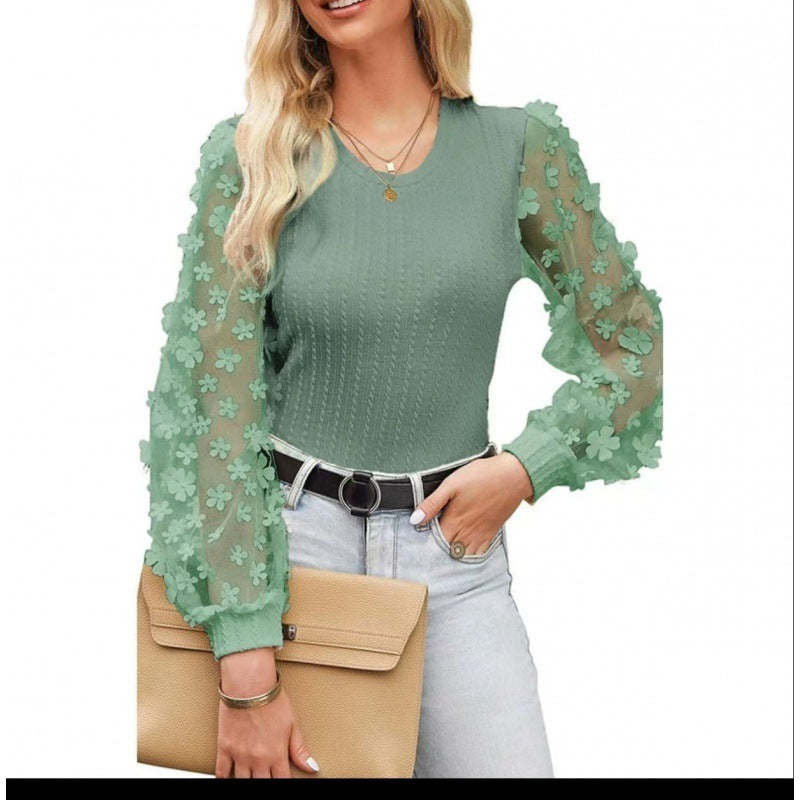 Women's Mesh Small Flower Round Neck Long Sleeve Top
