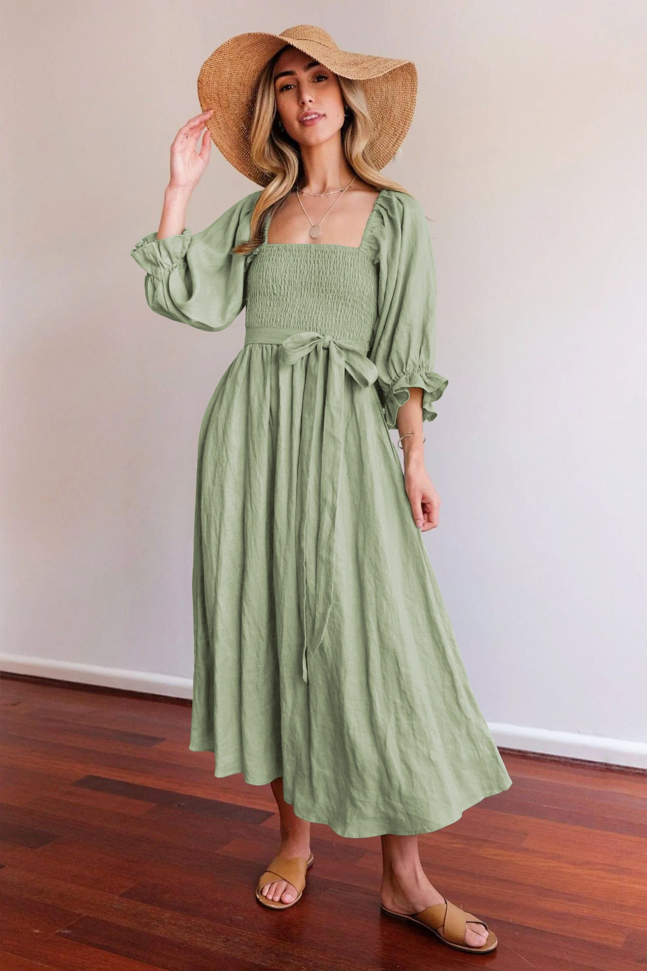 Women's Tie Cord Waist Belt Ruffle Dress