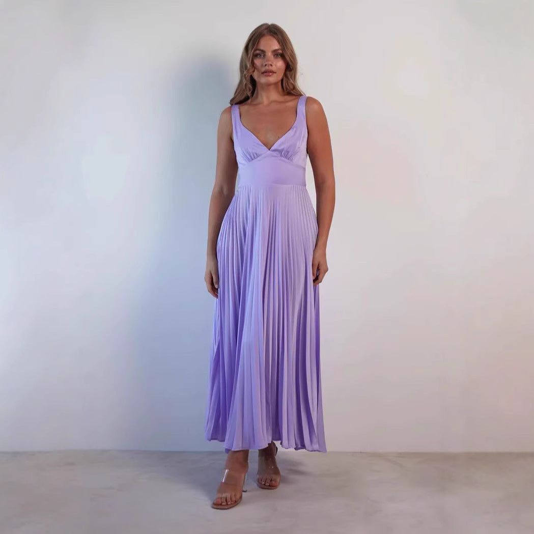 Women's Pleated V-neck Sling Dress