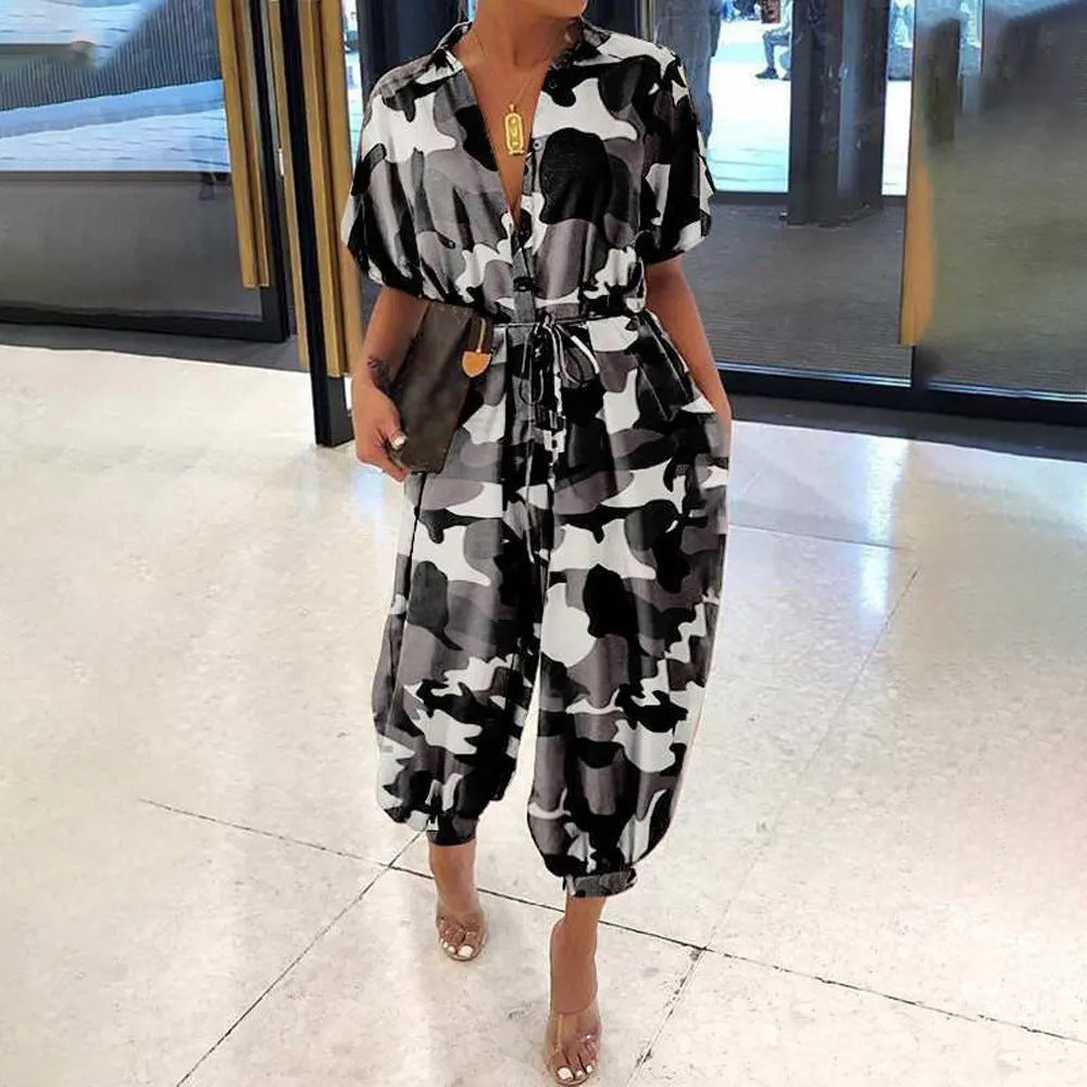 Women's Camo Short Sleeve Casual Loose Jumpsuit