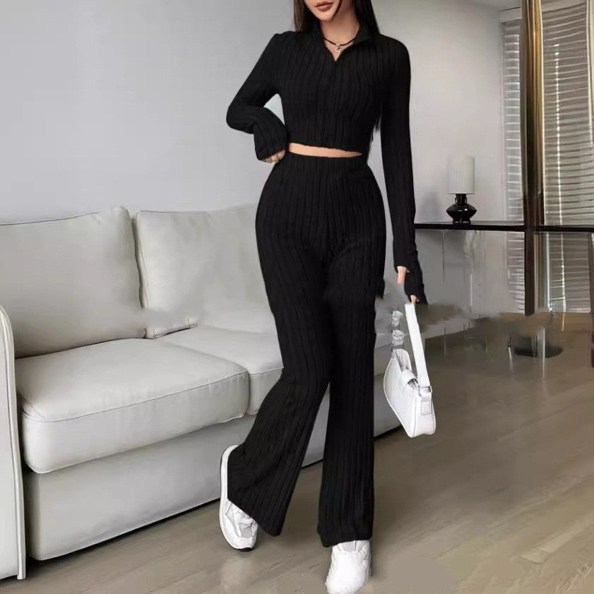 Knitted Long Sleeve Turtlenecks Wide Leg High Waist Trousers Suit