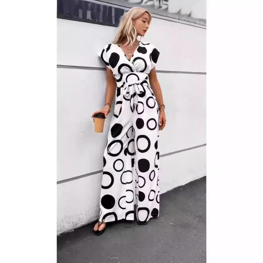 V-neck High Waist Print Wide Leg Belt Jumpsuit