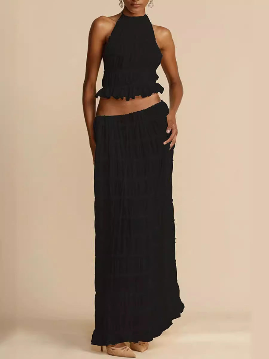 Backless Hanging Neck Strap Pleated Lace Vest Long Skirt Set