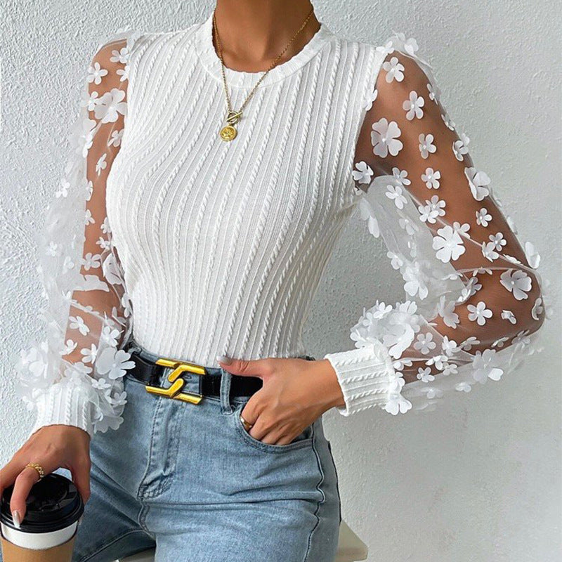 Women's Mesh Small Flower Round Neck Long Sleeve Top