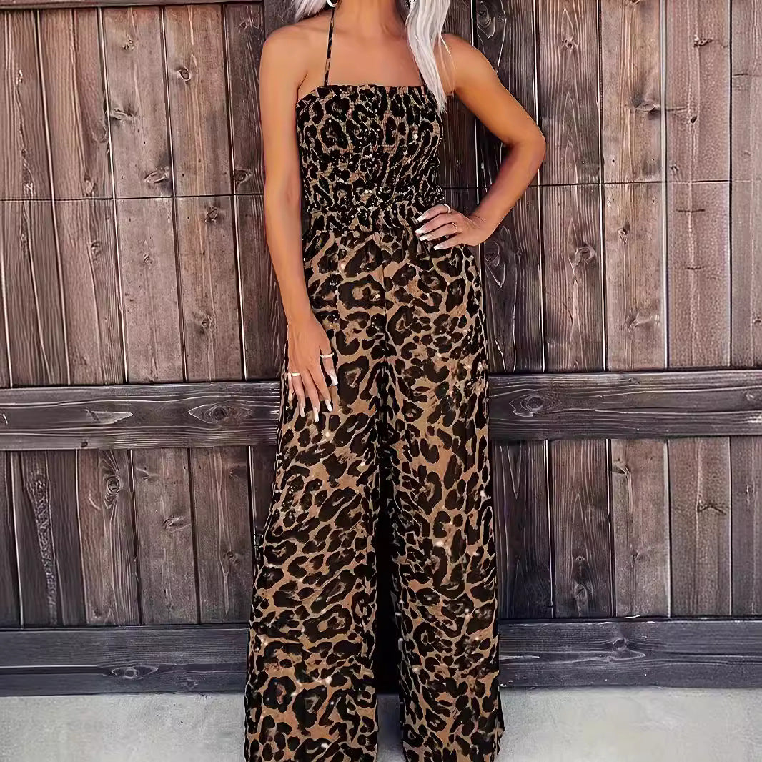 Leopard Print Halter Backless Jumpsuit
