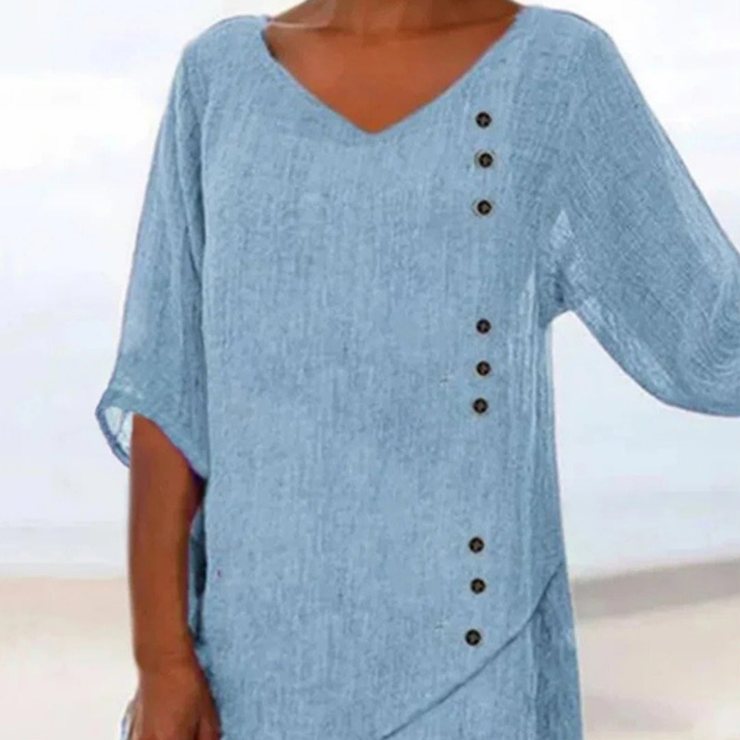 Blue Cotton Linen V-neck T-shirt