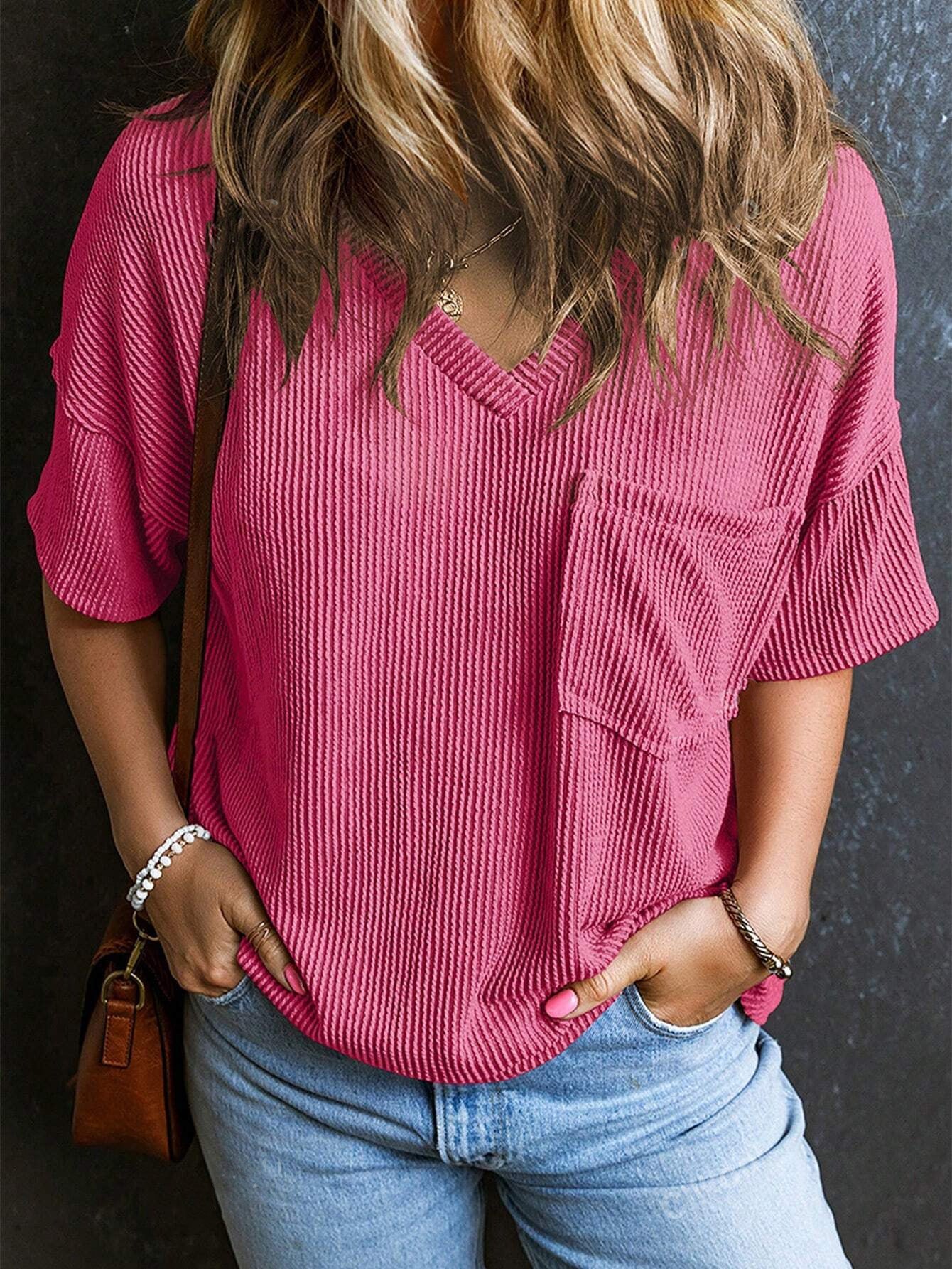 Two-tone Pullover Short Sleeve V-neck Top