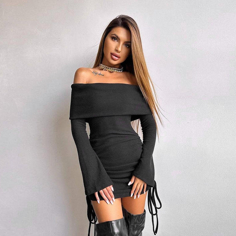 Off-shoulder Drawstring Bag Hip Dress Women