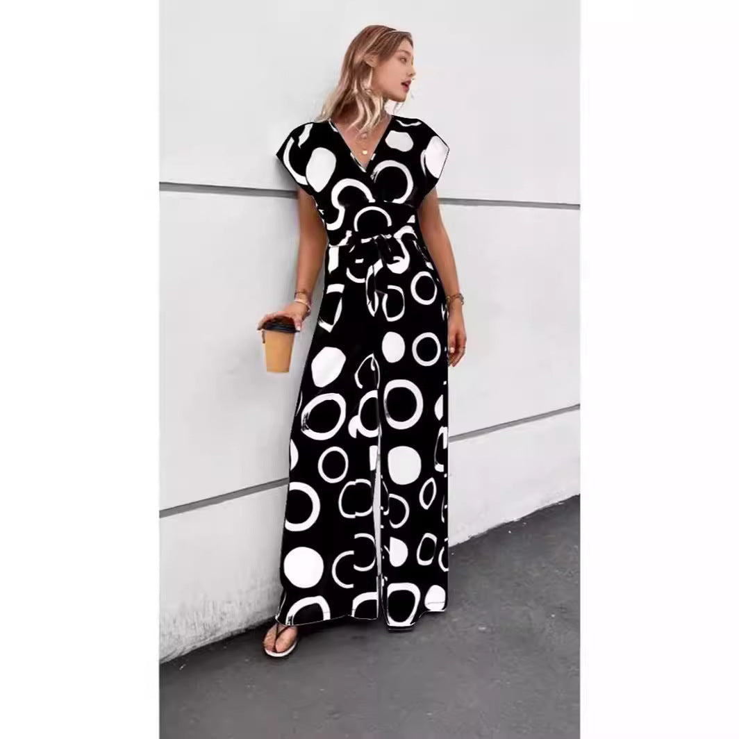 V-neck High Waist Print Wide Leg Belt Jumpsuit