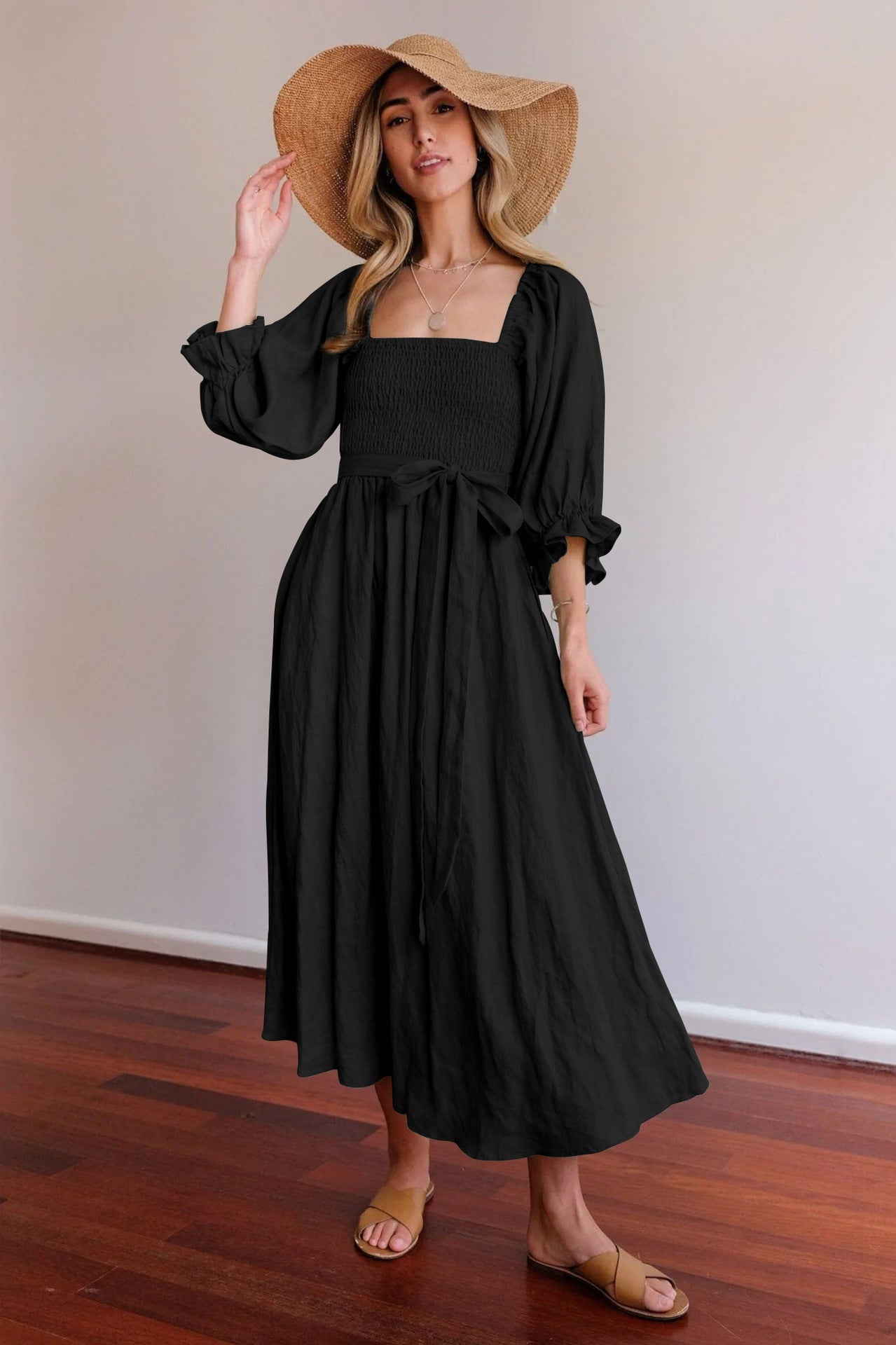 Women's Tie Cord Waist Belt Ruffle Dress