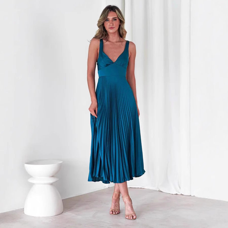 Women's Pleated V-neck Sling Dress