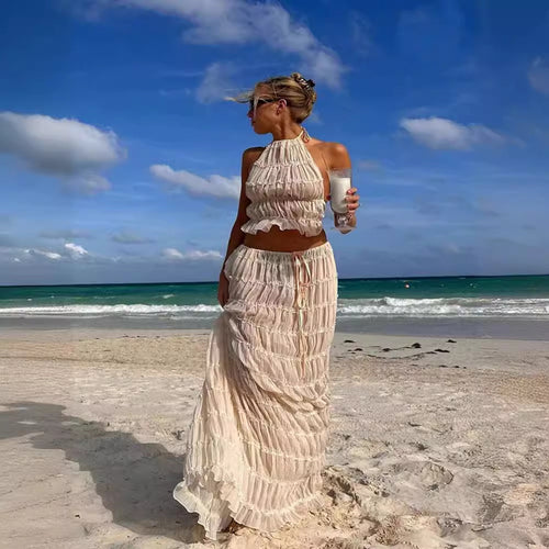 Backless Hanging Neck Strap Pleated Lace Vest Long Skirt Set