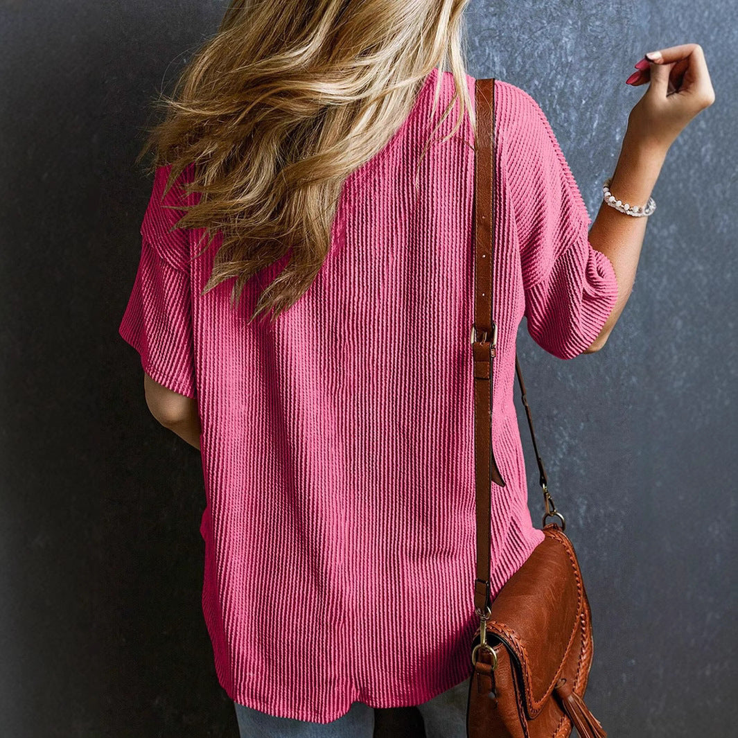 Two-tone Pullover Short Sleeve V-neck Top