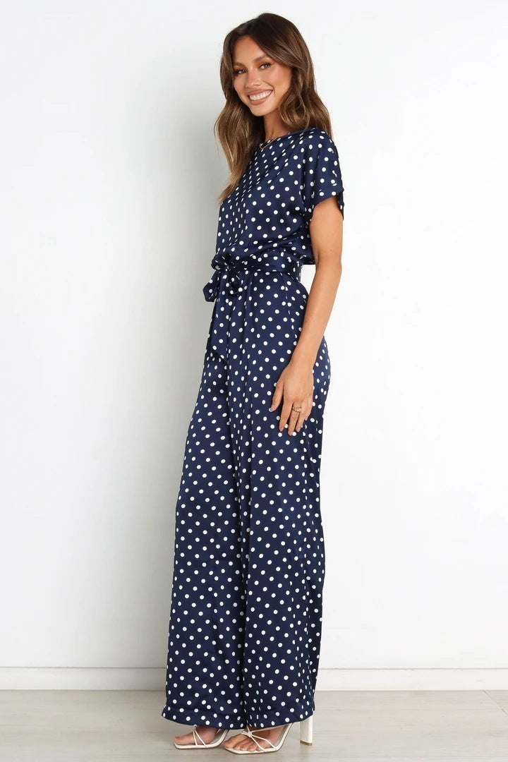 Round Neck Short Sleeve Polka Dot Lace Up Waist-tight Jumpsuit