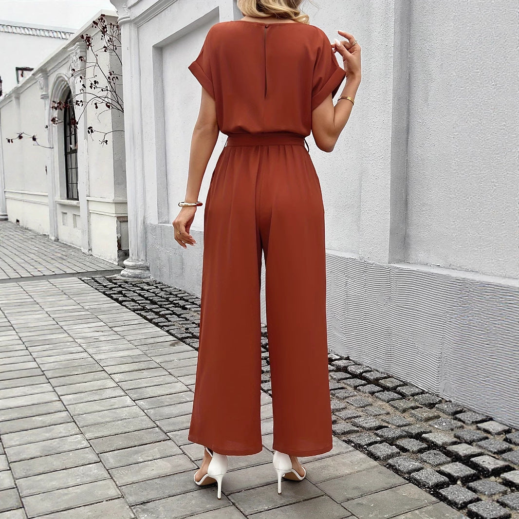 Women Fashion Solid Color With Belt Round Neck Jumpsuit