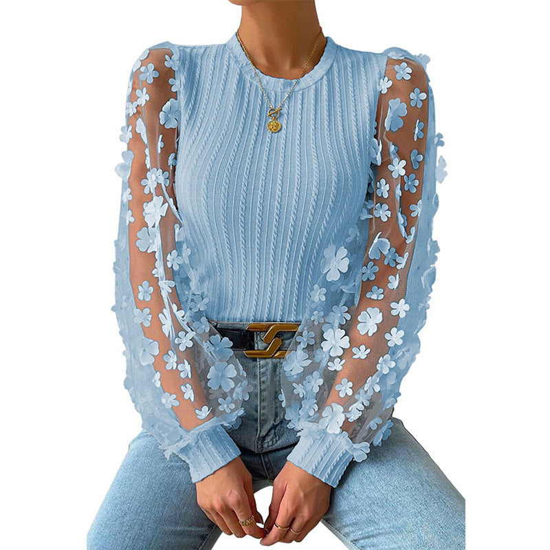 Women's Mesh Small Flower Round Neck Long Sleeve Top