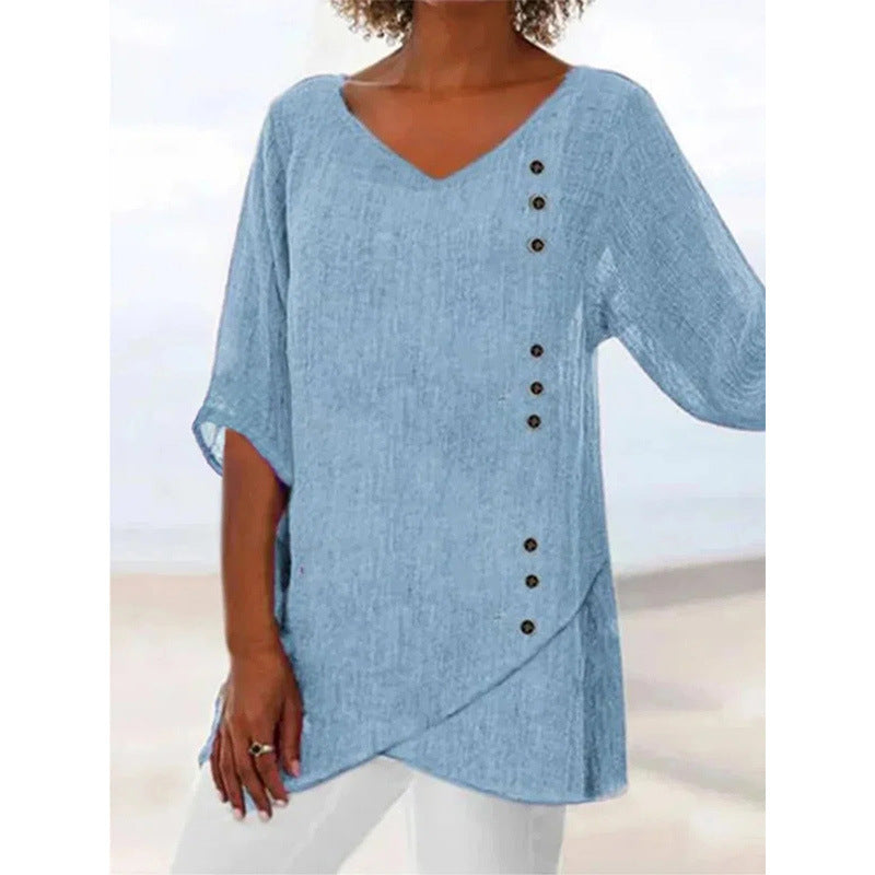 Blue Cotton Linen V-neck T-shirt