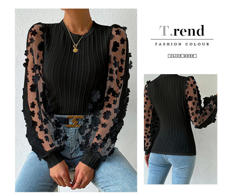 Women's Mesh Small Flower Round Neck Long Sleeve Top