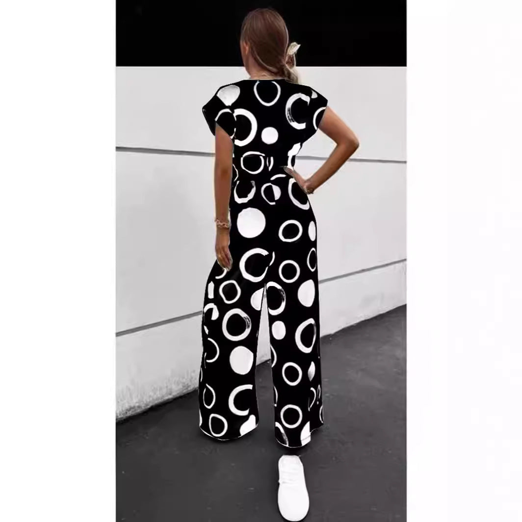V-neck High Waist Print Wide Leg Belt Jumpsuit