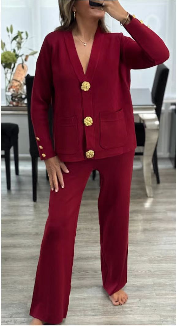 Metal Buckle Knitted Cardigan Sweater Wide Leg Pants Suit