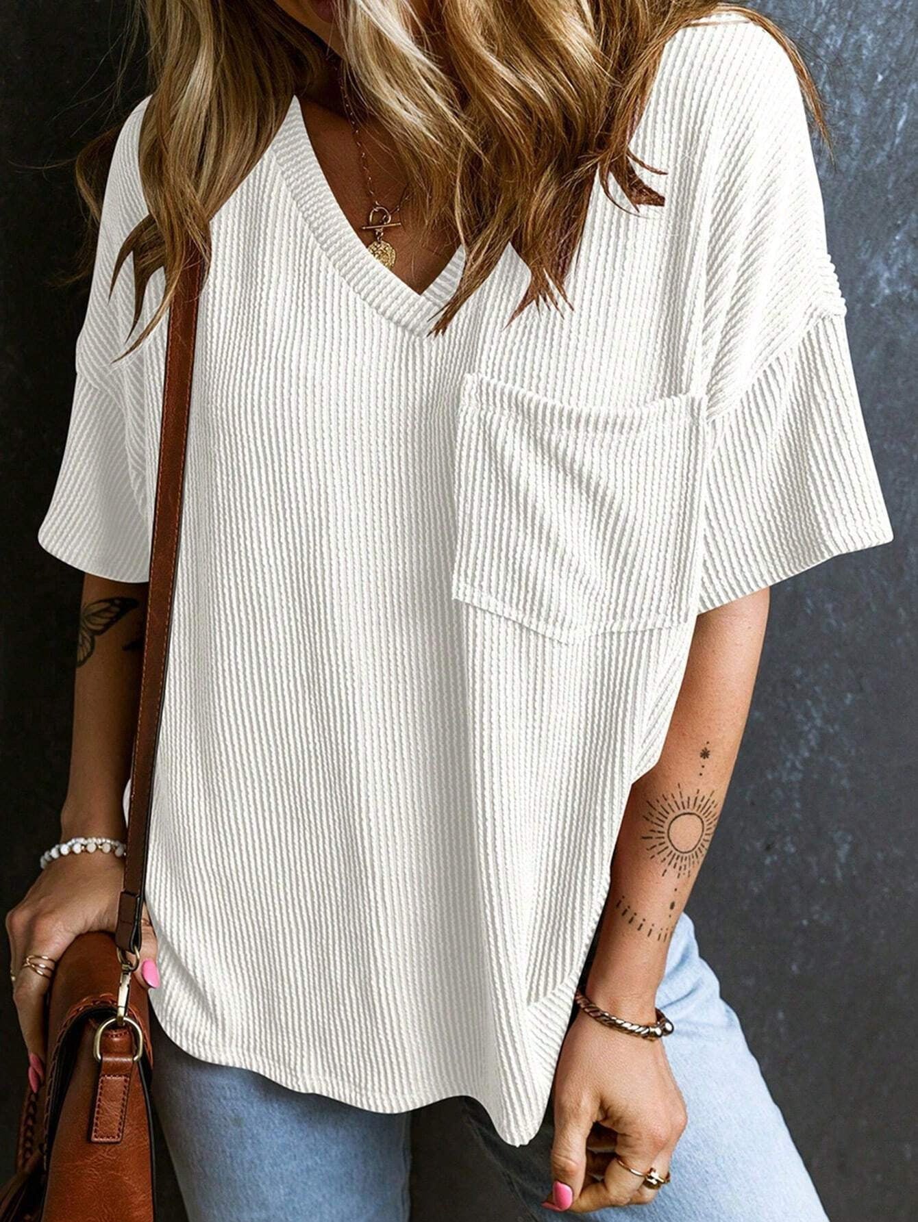 Two-tone Pullover Short Sleeve V-neck Top