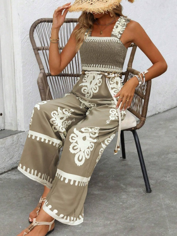 Women Vacation Casual Sleeveless Printed Wide Leg Jumpsuit