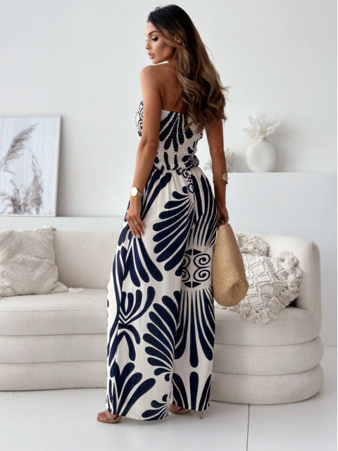Off-shoulder Tube Top Smocking Waist Jumpsuit