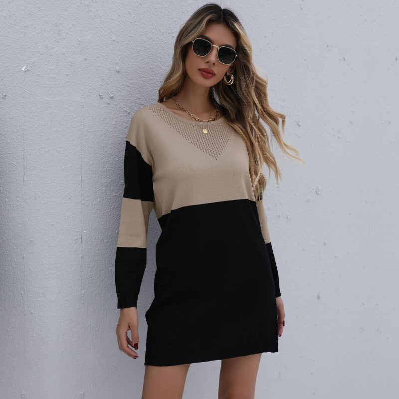 Temperament Round Neck Colorblock Sweater Dress
