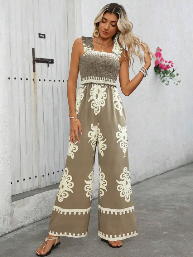 Women Vacation Casual Sleeveless Printed Wide Leg Jumpsuit
