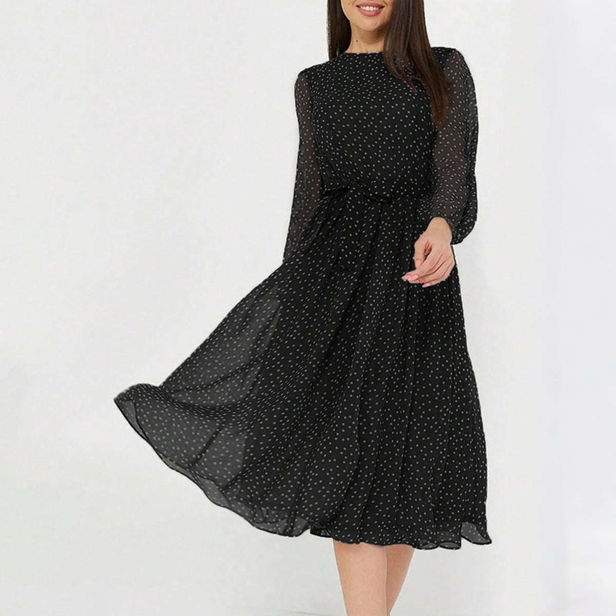 Leisure Vacation Style Polka Dot Long Sleeve Midi Dress
