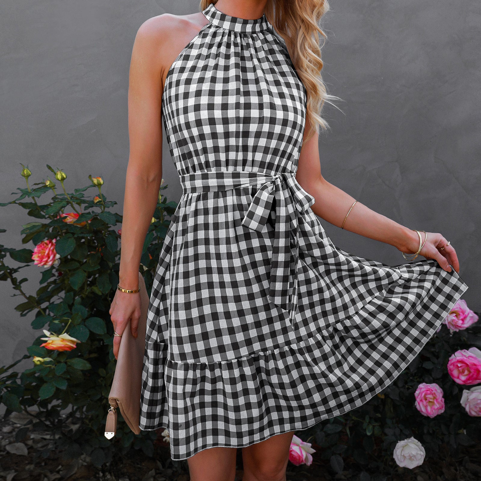 Wrap Bust Sleeveless Ruffled Plaid Midi Dress