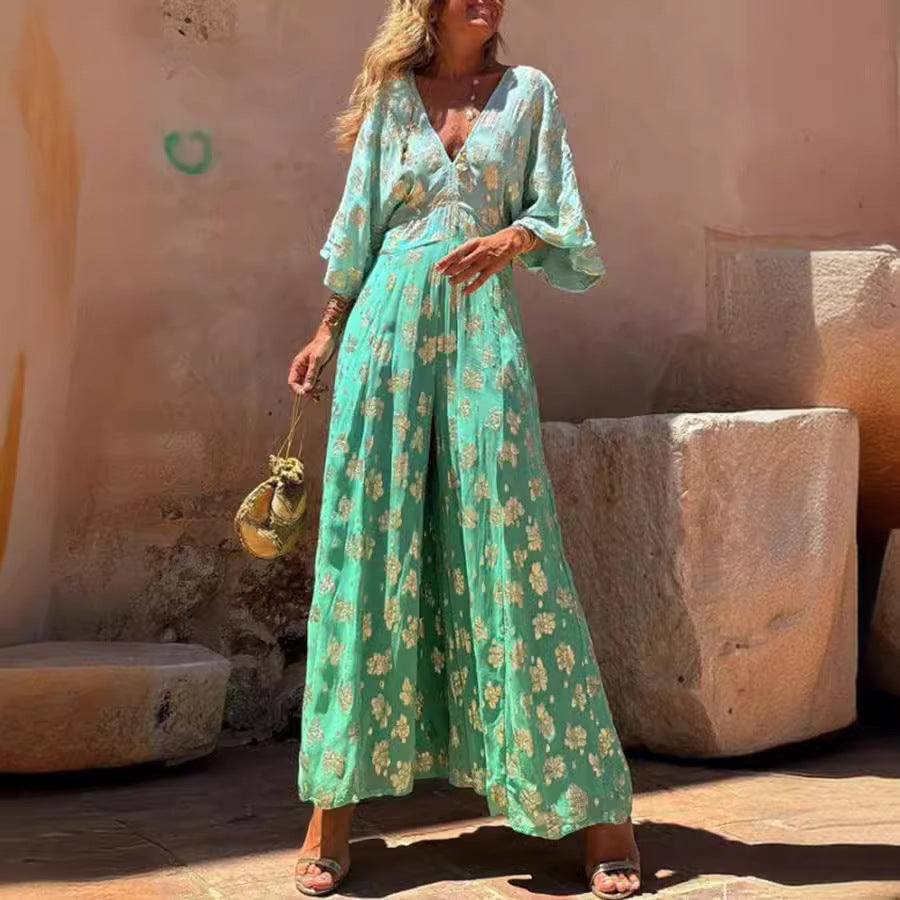 V-neck Backless Waist Trimming Wide Leg Jumpsuit