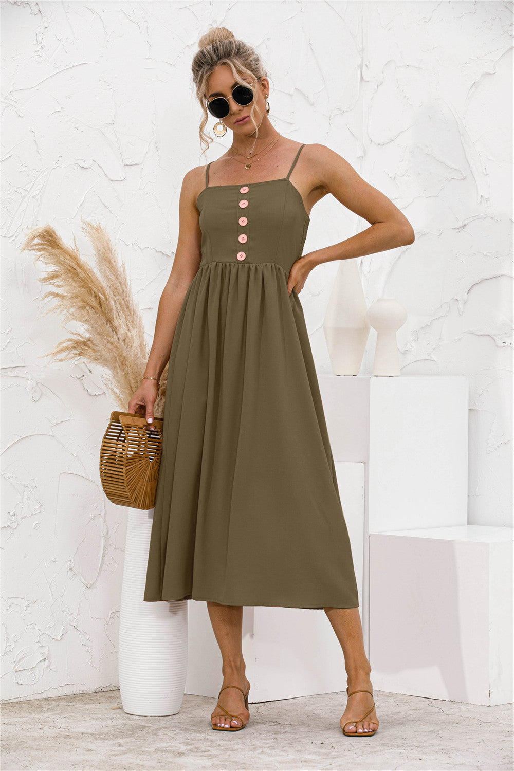 Simple Sling Button Solid Color Dress