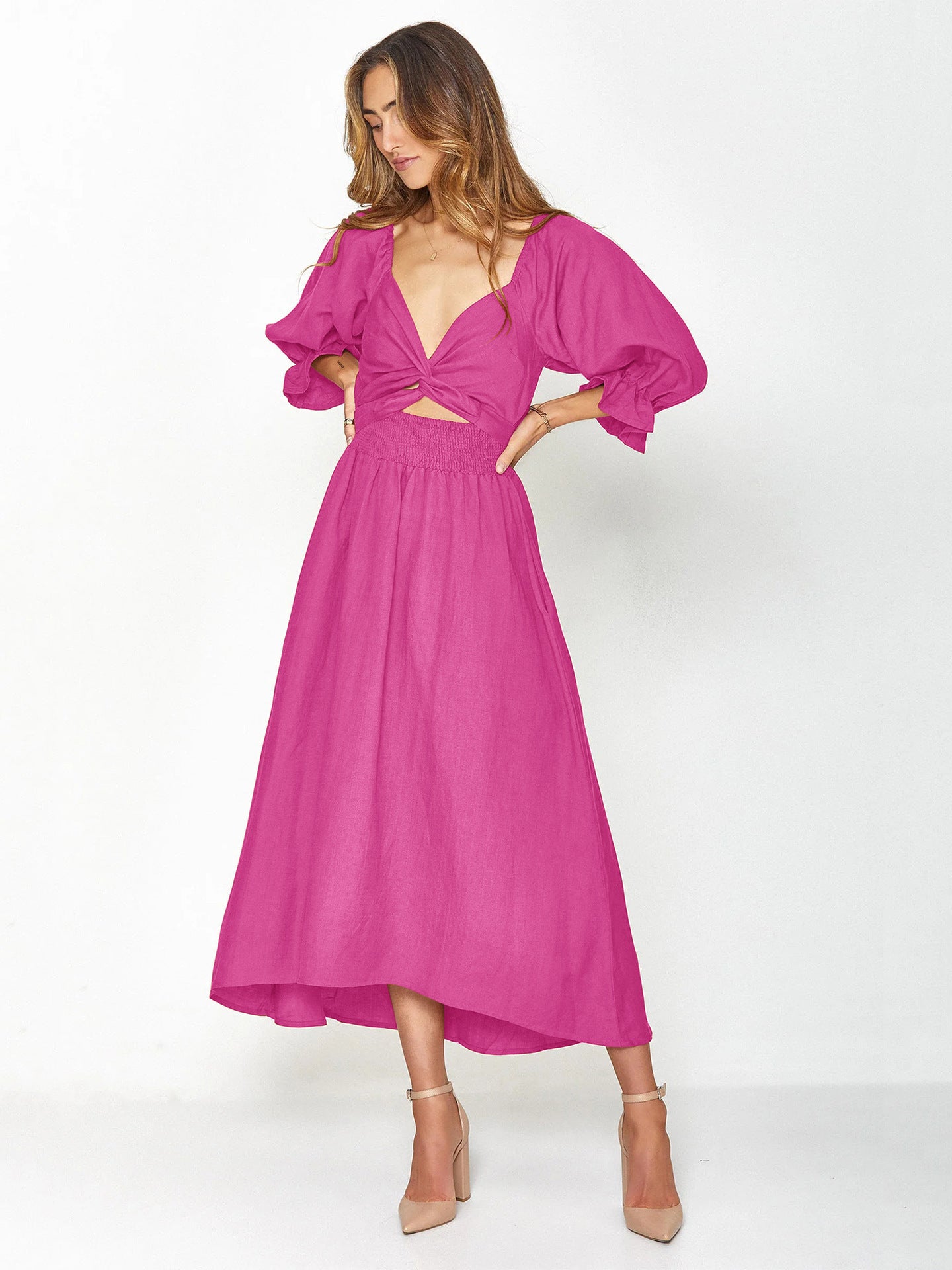 Women's Tie Cord Waist Belt Ruffle Dress