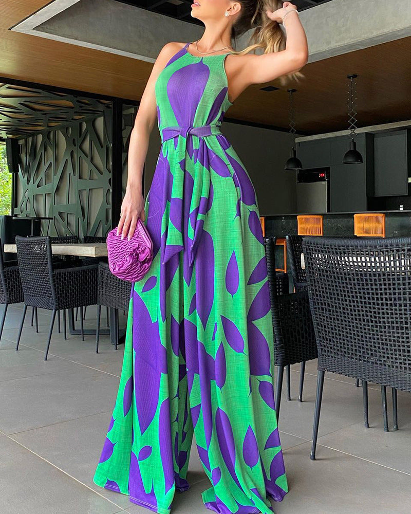 Green Print Casual Lace Up Jumpsuit