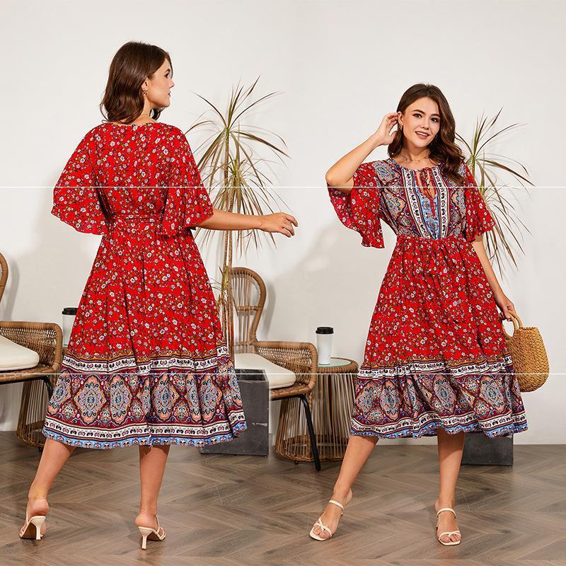 V Neck Print Beach Dress