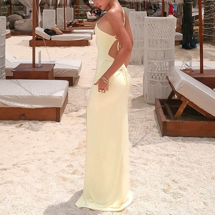 Sloping Shoulder Backless Tied Dress